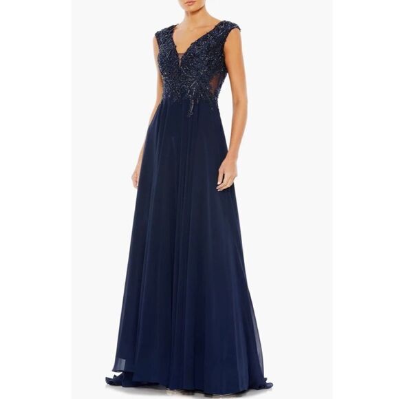 MAC DUGGAL 20264 APPLIQUED CAP SLEEVE EMBELLISHED BODICE NAVY FLOWY $ 598 NWT - Picture 4 of 7